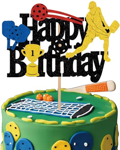 Pickleball Cake Topper Decoration for Boys Men Glitter Happy Birthday Decorations Sports Theme Party Supplies