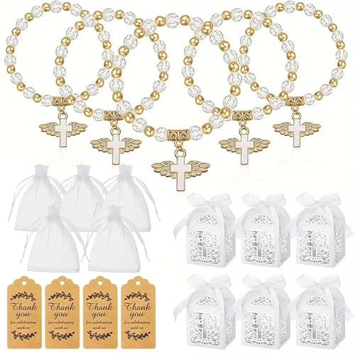 Liwankaqi Gastgeschenke Taufe, 20 Stück Engel Kreuz Rosenkranz Armbänder,mit 20 Engel-Kreuz-Rosenkranz-Armbänder, 20 Schachteln, 20 Organza-Beutel, 20 Anhänger for Baby Shower first communion favors