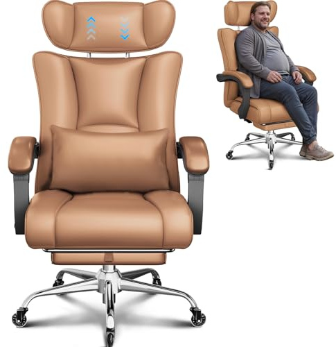 BASETBL Big and Tall Office Chair, Heavy Duty 440lbs 200kg Executive Computer Chair, 60cm Extra Wide PU Leather Ergonomic Desk Chair with Adjustable Headrest, Footrest & Lumbar Support, Brown