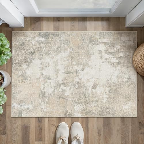 PureCozy Tappeto Salotto Moderno Astratto Tappeti Antiscivolo Lavabile, 60x90 cm Zerbino Ingresso Tappeto Piccolo Pelo Corto per Camera Da Letto,Ingresso Cucina Interno,Beige