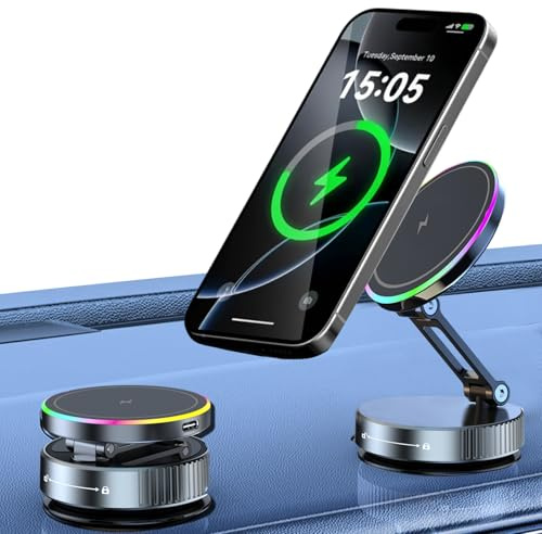 Magnetic Car Mount Charger, 15W Fast Magnetic Car Phone Holder Wireless Charge with Vacuum Suction 360° Adjustable, Compatible with MagSafe iPhone 17 16 15 14 13 12 Pro Max Plus Mini Android