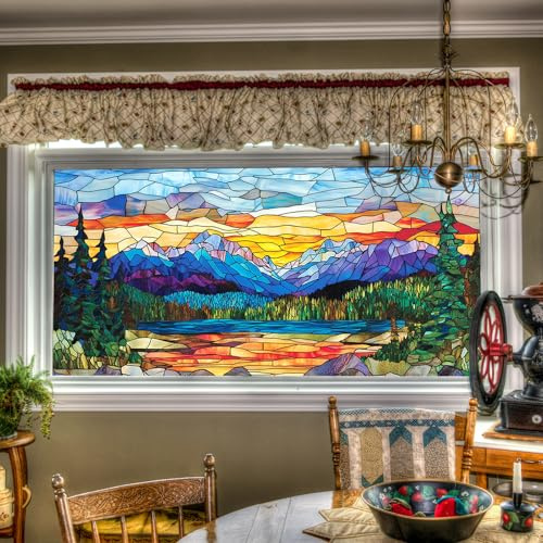 HOMETITUTE Stained Glass Window Film Mountain Landscape Pattern 39.3x17.7 inches Non-Adhesive Removable Reusable for Glass Door Home and Office Bedrooms PVC Static Cling Sticker
