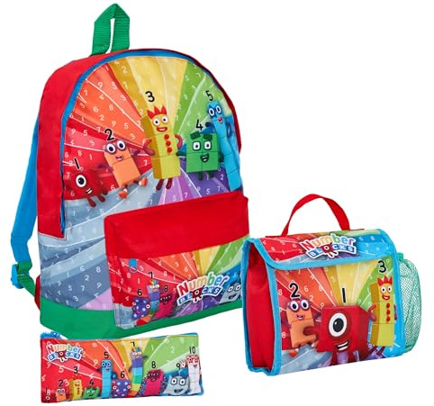 Numberblocks Backpack + Lunch Bag + Pencil Case Kids Unisex 3 Piece Nursey School Bag Set