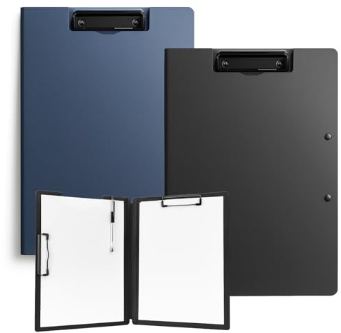 KELAV Porte Bloc A4 à Rabat 2 Pièces, Porte Document A4 Plastique Planchettes, Noir et Bleu Porte Bloc avec Double Clip, Planchettes à Pince avec Clip pour l'école Bureau Restaurant