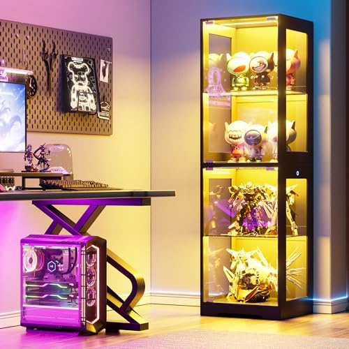 Elancee 160 cm hohe Glasvitrine mit 4 Ebenen und 3 farbigen LED-Lichtern, verstellbare Regale für Sammlerstücke, Bücher, Heimbüro, Wohnzimmer, Schwarz