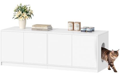 Fobyfurny Meuble Litiere pour 2 Chats, Maison de Toilette Chat avec Portes à Ouverture par Pression et Trous d'Aération, Cache-Litière, Table d'Appoint en Bois, 120 x 50 x 51,5 cm, Blanc FPCB203PW1