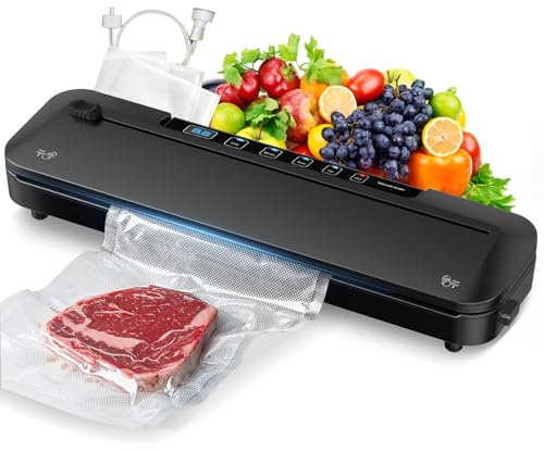 Vacuum Sealer Machine, 75kPa Food Vacuum Sealer with Cutter, Compact 6-IN-1 Automatic Vac Packing Machine for Dry & Moist Food Sealer with 10 Pre-cut Bags and Hose