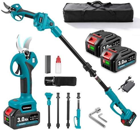 Yofidra Podadora de Pértiga Inalámbrica 2 en 1, 30 mm Tijeras de Podar, 2*3000 mAh Baterías, 300W Motor sin Escobillas, Pantalla LCD, Alcance de hasta 4,2 m, Profesional para Ramas y Árboles Frutales