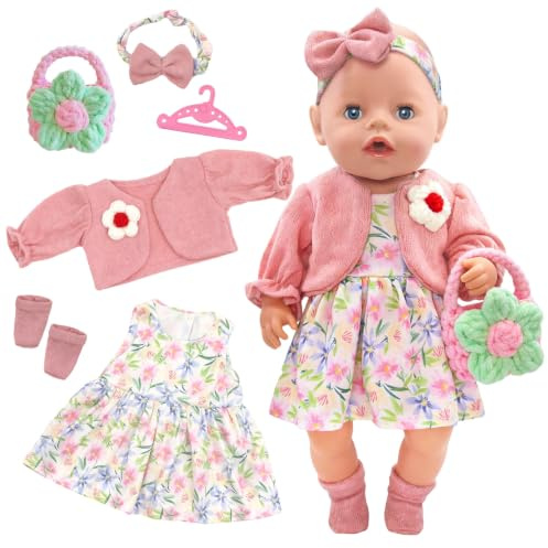 Puppenkleidung 14-17 Zoll, Puppenkleider für 35-43 cm Babypuppen, Elegante und Helle Puppenzubehör – Rosa Blumenrock-Set, Haarband, Gewebte Tasche, Socken (Puppe Nicht Enthalten)