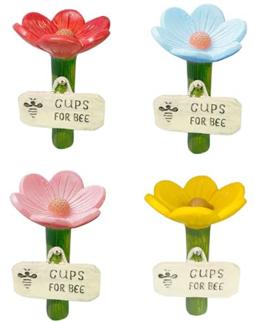 Flower Bee Watering Station, 4PCS Flower Water Cups for Bees, Colorful Flowers Shaped Bee Feeder Drinking Cup Bees Cups for Garden, B-ees Butterfly Watering Station Outdoor Pollinators Feeder Cup