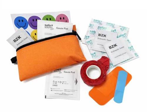 Safe + Sound Health Kids Mini First Aid Kit, 25 Piece, Orange | Plasters, Antiseptic Wipes, Gauze Pads & Bravery Stickers, Portable with Clip Pouch