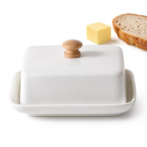 SINAYREK Mantequillera de cerámica con tapa blanca, 250g, para nevera y mesa, campana mantequilla apta lavavajillas, almacenamiento mantequilla para cocina hogar