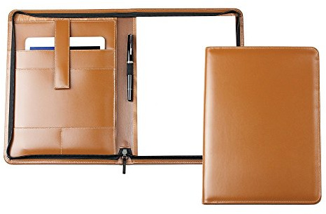 DELMON VARONE - Personalisierbare Tablet Schreibmappe DIN A4 aus Cambridge Top Grain Leder braun, Business Konferenzmappe mit Notizblock, Stiftschlaufe & Einsteckfächer, Orgamappe mit Reißverschluss