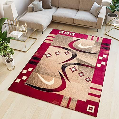 TAPISO Atlas Teppich Kurzflor Vierecke Streifen Bumerang Rot Beige Schwarz Bordüre Schlafzimmmer Wohnzimmer Vintage Modern ÖKOTEX 120 x 170 cm | Wohnzimmer Klassisch Schlafzimmer Traditioneller Teppich für Wohnzimmer Esszimmer OEKO-TEX
