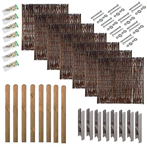 Weidenzaun Sichtschutz Komplettset 13,3 m – 7 Weidengeflecht-Zaunfelder 180x180 cm mit braunen Pfosten 9x9x190 cm, H-Pfostenträgern & Montagematerial