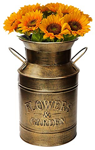 Fovasen Large Antique Gold Galvanized Milk Can Vintage Country Style Farmhouse Vase Primitive Flower Holder for Home Office Wedding Decor,8.5