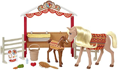 Dreamworks Spirit GXF53 - frei und ungezähmt Stallfreunde Spielset mit 2 Pferden (ca. 20cm & 13cm), Pferdekoppel und Zubehör für die Pferdefütterung, tolles Geschenk für Kinder ab 3 Jahren