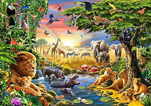 Wesmilewallpaper Papier Peint Panoramique Animaux Savane Tropical 350X245cm | Africaine Lion Éléphant Girafe Oiseaux Colorés Jungle Sauvages Intissé Soie Murales Poster Décoration Murale Chambre D'Enfant