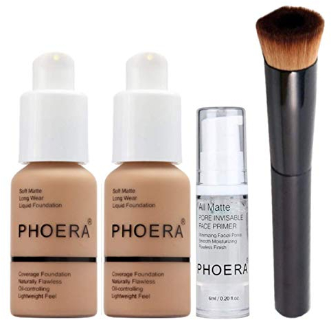 Phoera Foundation-Make-up-Set mit voller Deckkraft – enthält 2 x Sand 30 ml matte Foundation, 6 ml Gesichtsprimer und flüssiger Foundation-Pinsel für einfache Anwendung