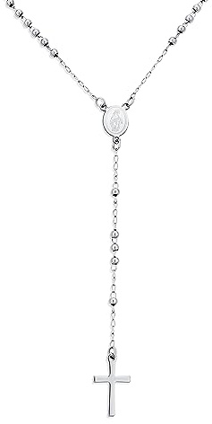 Bling Jewelry Religiös Christlich Zierlich 2MM Runde Kugel Perlen Glied Herz Heilige Mutter Jungfrau Maria Zart Einfach Kreuz Gebet Rosenkranz Rosario Kette Für Frauen Teen Silber Ton Edelstahl