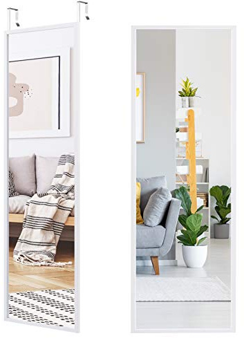GOPLUS Höjdjusterbar väggspegel, dörrspegel med krok, garderobsspegel av okrossbart glas, 2 installationsmetoder, järnram, för sovrum hall garderob (vit)