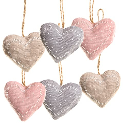 Deko Herzen zum Aufhängen, 6er Set: Herzanhänger Stoff, Stoffanhänger, Dekoherzen, Herz-Anhänger Weihnachten, Advent, Herbst & Winter, Weihnachtsdeko Zweige, Baumschmuck, Rosa, Beige, Grau, 5 x 6 cm