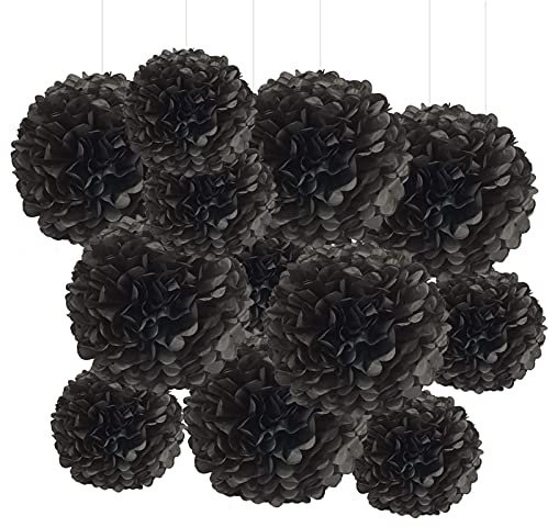 GAKA FAVOR 12er Seidenpapier Pompons Set,Schwarz Tissue Hängedekoration Papier Pompoms Deko für Hochzeit,Taufe,Geburtstag,Kommunion,Valentinstag Muttertag Party Deko