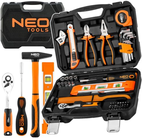 NEO TOOLS DIY Werkzeugset, 60 Teile im robusten Koffer, Schraubenschlüssel | Inbusschlüssel, Griff, Komplettset, Für Werkstatt und Garage