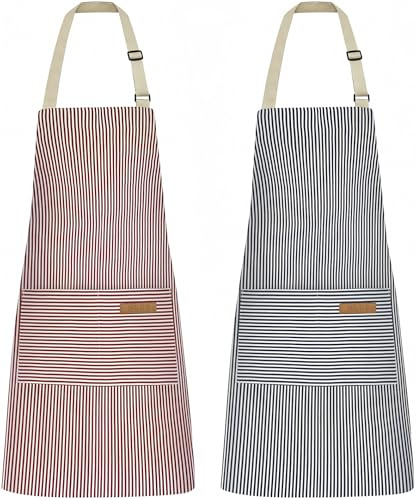 NLUS 2 Pack Kitchen Cooking Aprons, Adjustable Bib Soft Chef Apron with 2 Pockets for Men Women (Blue Pinstripes/Pink Pinstripes)