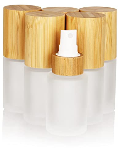 COSIDEA 6 Milchglasflaschen mit Bambusdeckel, 30 ml, feiner Nebel, für Parfüm, flüssige Toilettenartikel