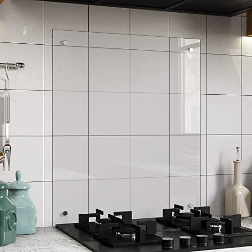 BELOFAY 6mm Tempered Glass Splashback for Kitchen, 6mm Toughened Glass Heat Resistant Splashbacks for Cookers with Pre-Drilled Holes (60X70, Clear)