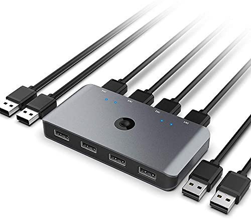 Switch KVM Alluminio Switch 2.0 Switcher USB 4 Computer Condividi 4 per Mouse/Tastiera/Scanner/Stampante/Hard Drive, Selettore Switch KVM Compatibile e 4 Cavi USB A-A con Windows/Mac/Linux