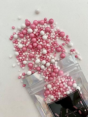 Edible Luxe Pearl White & Pink Sprinkles Mix 45g | Metallic Sugar Pearls & Balls | Cake Cupcake & Cookie Decorations | Baby Shower Wedding Birthday Baking Toppings
