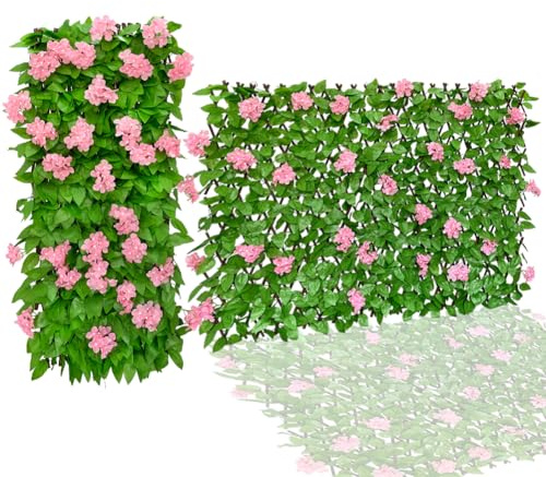 86 York Expandable Fence Privacy Screen Faux Ivy Decorative for Outdoor Garden Wall Patio Balcony, Artificial Hedge Lattice Fencing(Single Sided Leaves) (1, Hydrangea-Pink)