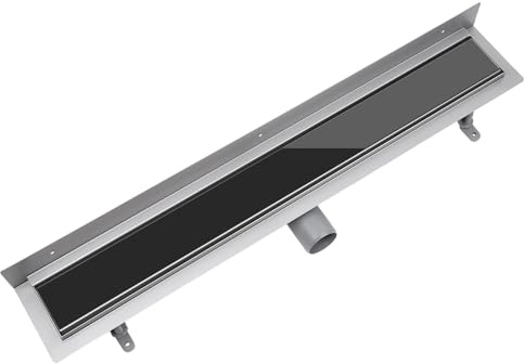 Vogi Wand-Duschrinne 60 cm, Schwarze Glasabdeckung, Edelstahl AISI 304, Siphon Ø50, Haarsieb