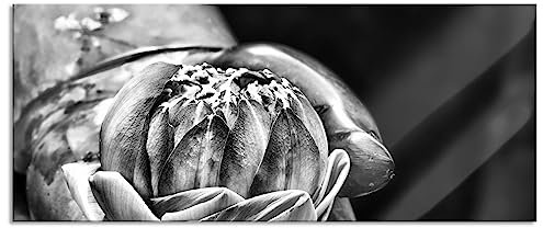 Pixxprint Glasbild Panorama, Wandbild aus Echtglas, Lotus auf der Hand eines Buddhas, 100x40 cm, inkl. Aufhängung und Abstandshalter