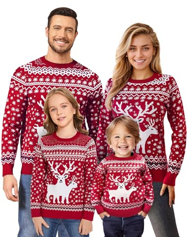 Namatime Jersey navideño para Mujer, Hombre y niño, Divertido, con Estampado de Reno, Jersey Feo de Navidad de Cuello Redondo, Unisex, Juego de suéteres para la Familia, para Hombre Rojo., XL