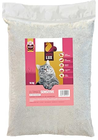 KittyLux klumpende Katzenstreu Ultimate Sensitive 2x14kg mit Babypuderduft für Sensible Katzen, Klumpstreu 100% Naturbentonit, Feste Klumpenbildung, schnelle Geruchsbindung, geringer Verbrauch