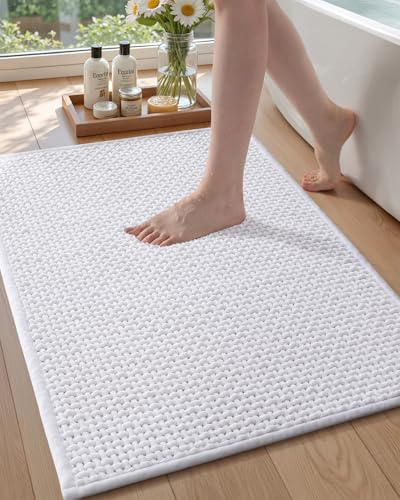 FÄRG&GEOMETRY Chenille gummibaksida vit badmatta, 44 x 75 cm badrumsmatta | Halkfri, mjuk, absorberande, vattentålig tunn badrumsmatta för badrumsgolv, badkar och dusch