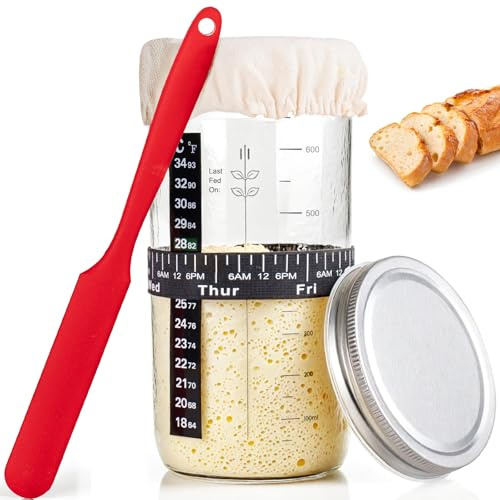 PITCH + PULSE Sourdough Starter Jar Kit, 730ML/25Oz Sourdough Bread Baking Container with Date Marked Feeding Band, Thermometer, Silicone Scraper, Cloth Cover & Metal Lid for Family Use