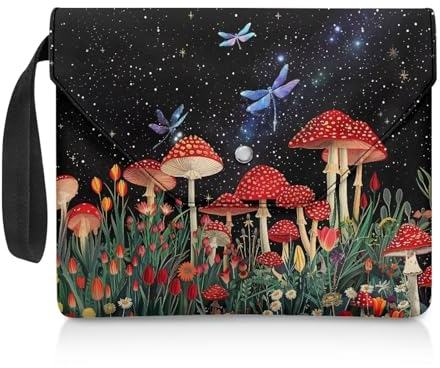 NETILGEN Buchhülle für Leseliebhaber, Geschenke, waschbar, Buchhülle mit gepolstertem Tragegriff, Lesegerät, Geschenk, 30 x 24 cm, rote Pilz-Libellen