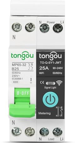 TONGOU Interruttore Magnetotermico, Curva B, In25A,1P+N Smart Interruttore wifi Din con Controllo Remoto tramite App TUYA Smart Life, Compatibile con Alexa, Protezione contro i cortocircuiti