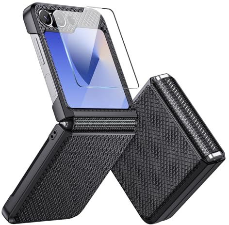 Focusor för Samsung Galaxy Z Flip 6 fodral med gångjärnsskydd [halkfri struktur] mobiltelefonfodral Samsung Z Flip6 hård PC militär stötsäker reptålig robust skyddsfodral med skärmskydd, Svart