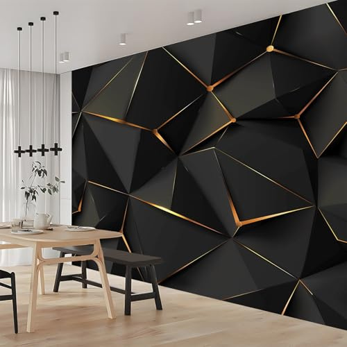 Fototapete 3D Effekt Geometrische Goldene Linien Schwarz 250x175 cm Vliestapete Wohnzimmer Schlafzimmer Vlies Tapete Art Wandtapete UV-Beständig Wanddekoration Tapete