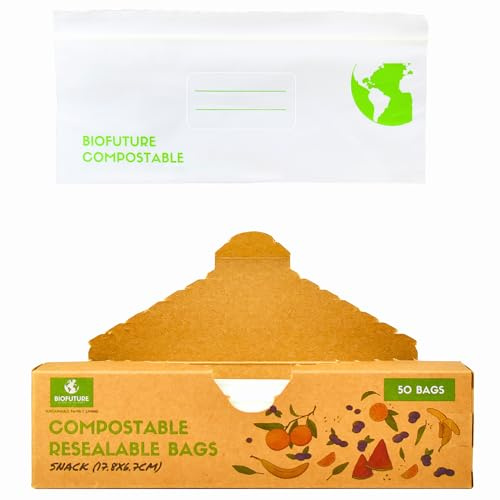 Biofuture Wiederverschließbare Lebensmittelbeutel, biologisch abbaubare Gefrierbeutel, EN13432-zertifiziert, kompostierbar, halten Sie Lebensmittel frisch mit unserem erneuerbaren pflanzlichen PLA,