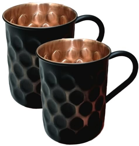 GRAINEX ENGINEER Black Matte Honeycomb Moscow Mule Mugs | Pure Copper Cups for Drinking | Set of 2 (13.5 Oz)