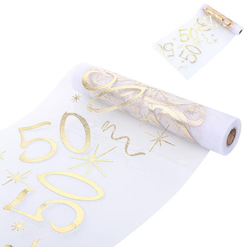 Hejo 50th Birthday Table Runner, 28cmX10m Gold Transparent Mesh Table Decorations, 50 Years Old Party Table Decor, Breathable and Soft Table Cover for Flower Packaging, Birthday Parties, Banquet