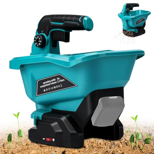 HEBERUCK Power Spreader Compatible avec batterie Makita 18 V, épandeur de semences pour toute l'année, sel gemme, largeur de scie maximale 5 m (sans batterie, bleu)