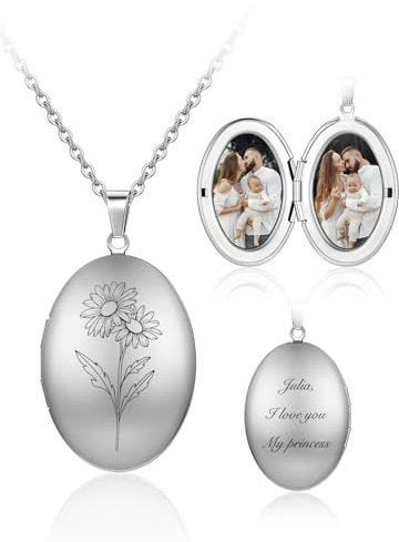 Jovivi Personalisierte Kette Foto Medaillon mit personalisiert Foto Text Geburtstagsblume Rund Medaillon zum Öffnen Bilder Photo Amulett Anhänger für Männer/Frauen Schmuck (Silber)
