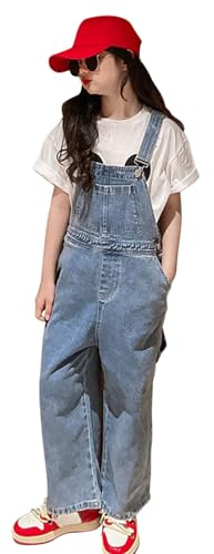 sperma barn flickor vintage klassisk hängslen denimbyxor raka ben jeans hängselbyxor slitna våroveraller justerbar rem haklapp overaller med fickor 3-14 år, Ljusblått, 11-12 Years